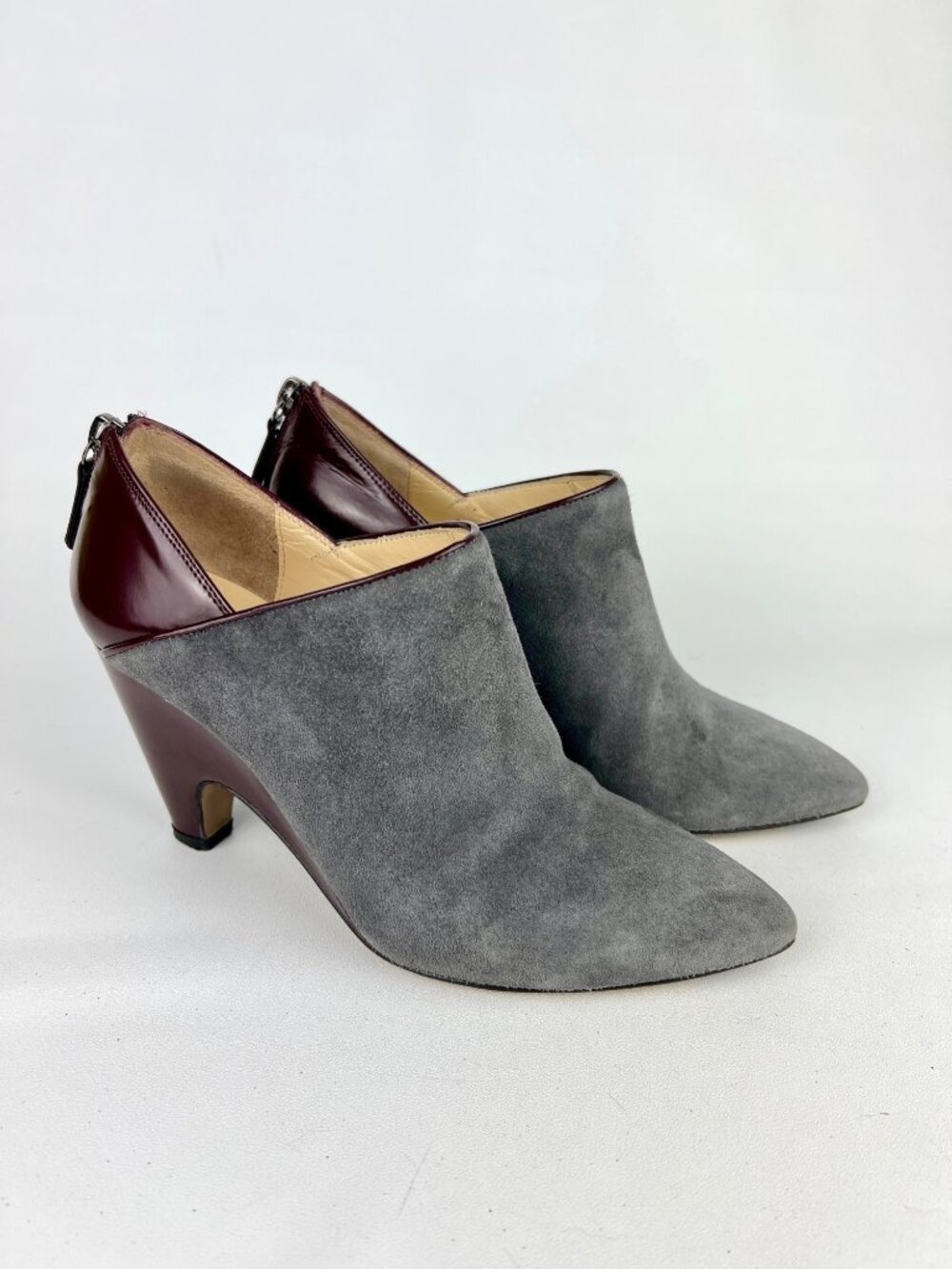 Marvin K Womens Ankle Booties Gray Suede Mahogany Leather Back Zip size 6.5
